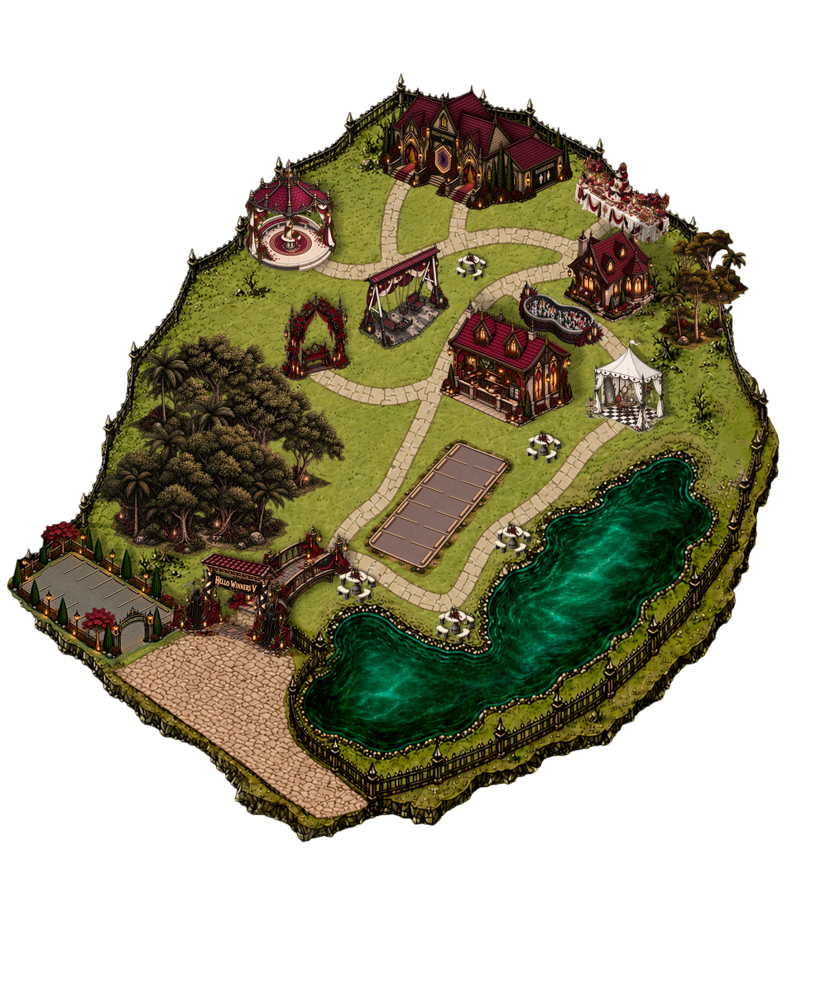 Mapa ilustrado do sítio: entrada e estacionamentos abaixo, bosque à esquerda, lago à direita e espaços da celebração acima. Os locais estão descritos na lista abaixo.